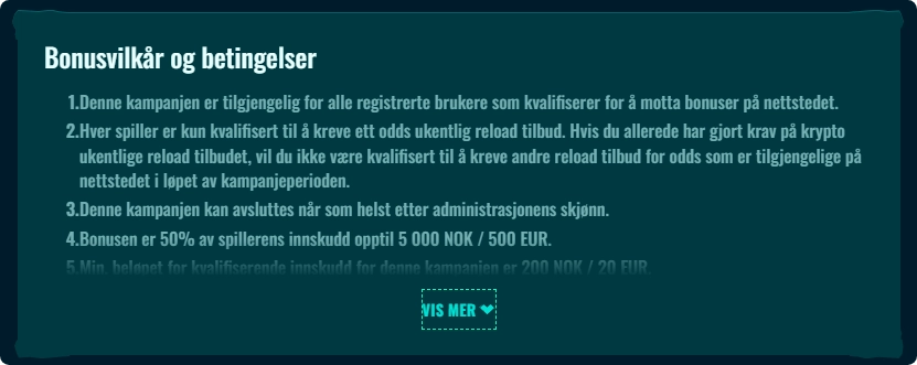 Spinanga bonusvilkår og betingelser side