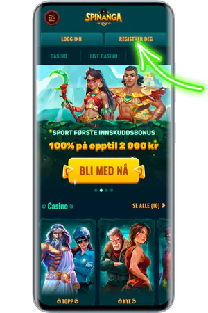 Spinanga Casino hovedskjerm med registreringsknapp